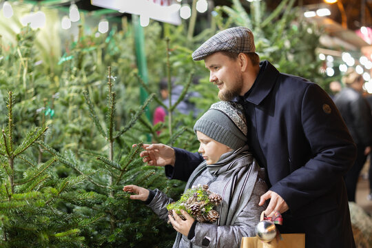 During Christmas market, dad and son choose Christmas tree and try on balls for New Year tree. They buy Christmas tree to decorate house and apartment, preparing for New Year and Christmas.