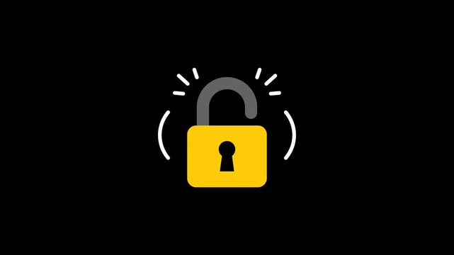 Animation of an open padlock with the shackle open and action lines on a transparent background. Alpha Channel 4K.	