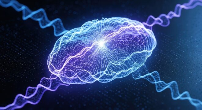 Quantum neural network represented by glowing particles and light wave connections.