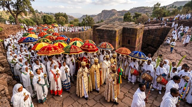 Ethiopian Orthodox priests and worshippers carrying colorful umbrellas during the Timkat festival in Lalibela