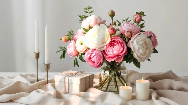Pink flower bouquet with candle and gift box on linen fabric backdrop