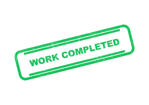 Green rubber stamp with work completed text inside a rectangular frame on flat surface isolated on transparent background