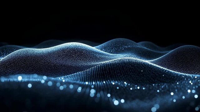 Abstract digital wave field with glowing light particles and blue dots on dark background