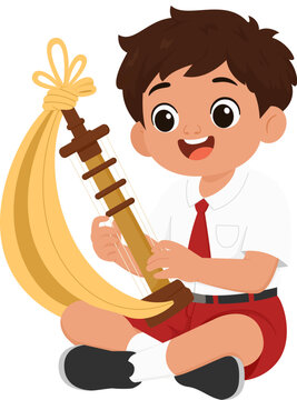 Cartoon Boy Playing Sasando Musical Instrument