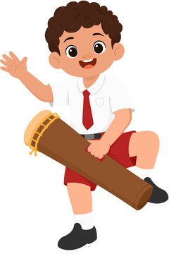 Cartoon Schoolboy Playing Traditional Tifa