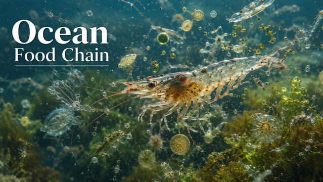 Title: Ocean Food Chain with Shrimp, Plankton and Marine Microorganisms