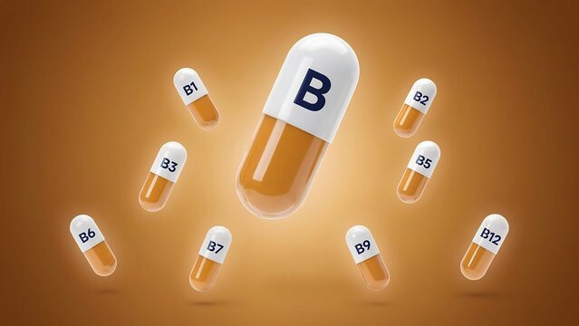 B vitamin capsules with large b pill illustration