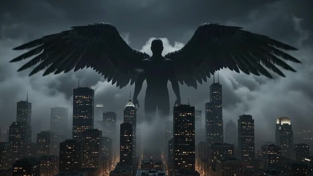 Dark winged figure rising over the city at night