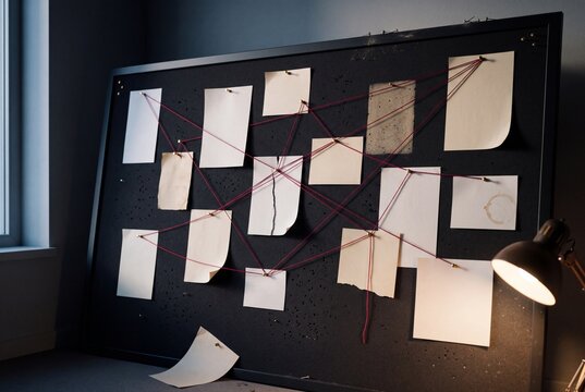 Angled black cork detective investigation board with blank pinned papers linked by crimson thread under warm lamp light and dust, representing crime case analysis and unsolved mystery concept