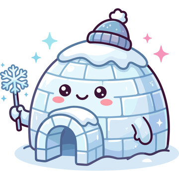 Cute Igloo Character with Snowflake Wand: An adorable, anthropomorphic igloo wearing a winter hat and holding a sparkling snowflake wand, radiating charm and winter magic.