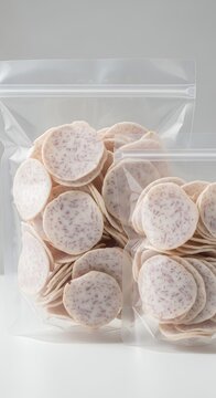 Taro chips in transparent bags against a white background for snack advertising