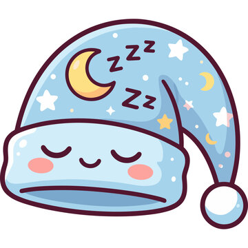Cute Sleeping Hat Illustration: A charming cartoon sleep cap with a sleepy face, crescent moon, and stars, symbolizing rest and dreams. Zzzs float gently in the air.