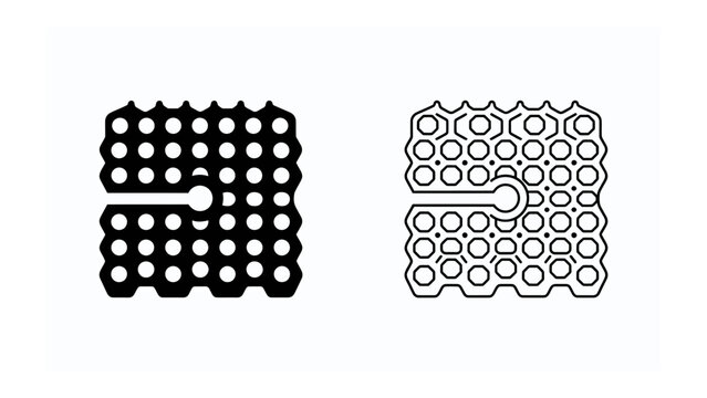 Dual Grid Design: Two square grid patterns, one solid black and one outlined, both featuring a circular indentation on one side, represent abstract concepts of structure and connectivity.