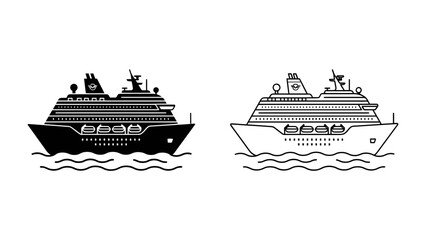 Cruise Ship Icons: A graphic representation showcasing two distinct cruise ship icons, one in silhouette and the other line art, floating on gentle waves, perfect for travel or maritime themes. © azizunnahar