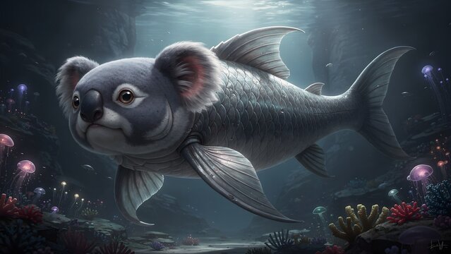 A surreal hybrid creature with a koala head and a fish body swimming underwater.