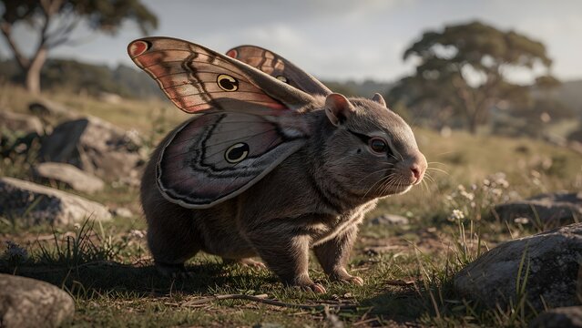A whimsical fantasy creature resembling a wombat with large butterfly wings standing in a grassy meadow.