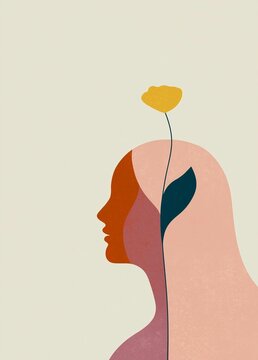 Illustration of a woman's head and neck. the woman's face is in profile, with her head facing towards the left side of the image. the background is a light beige color.