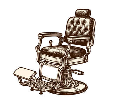 Classic barber chair with padded seat, armrests and footrest, vintage engraved illustration, barbershop vector illustration.