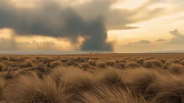 Golden grassland field beneath storm cloud horizon sunset, dramatic cloudscape over glowing horizon
