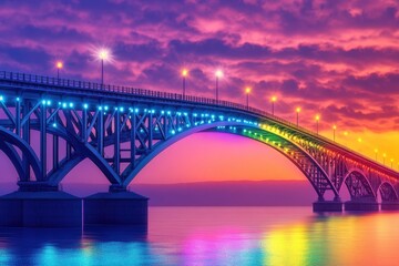 Naklejka premium Colorful hues illuminate the sunset bridge, crafting a magical view