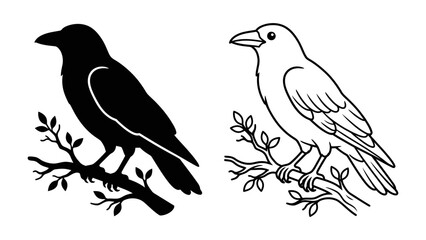 Obraz premium Raven Silhouette and Outline: A graphic representation of a raven, shown as both a black silhouette and a white outline, perched on a small branch.