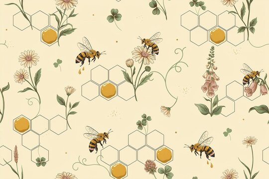 Seamless pattern featuring honey bees, honeycomb cells, wildflowers, and clover leaves on a soft light beige background, for textile prints