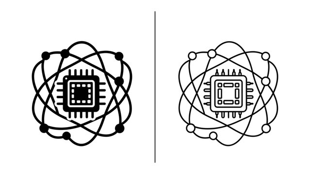 Quantum Computing Symbol: A stylized graphic representing quantum computing, featuring a central processor unit surrounded by orbiting nodes, depicted in both black and white.