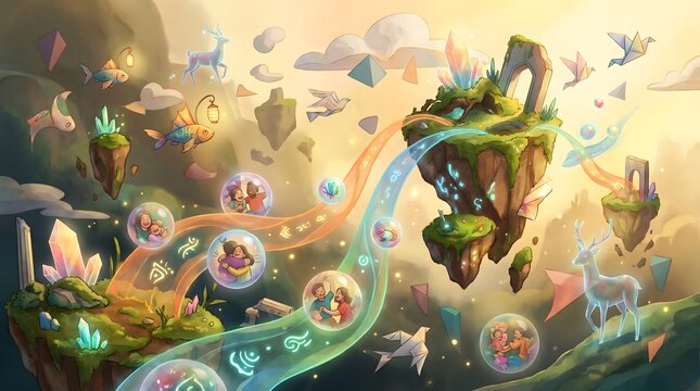 Enchanting digital illustration featuring floating islands with magical bubbles and ethereal creatures in a dreamlike landscape.