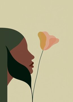Illustration of a woman's face and a single flower. the woman's head is facing towards the left side of the image, with her left side facing towards a light yellow background.