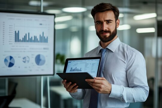 Banker holding digital tablet showing financial presentation with marketing graphs and stock data analytics