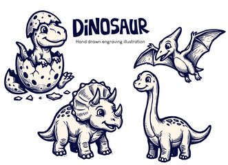 Dinosaur collection with baby dinosaurs, egg and pterosaur, hand drawn vintage engraving, prehistoric vector illustration. © Otpirus