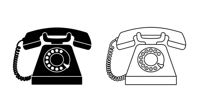 Retro Rotary Phone Icons: A classic rotary dial telephone is depicted in two styles, one solid black silhouette and the other outlined in black, representing vintage communication technology.