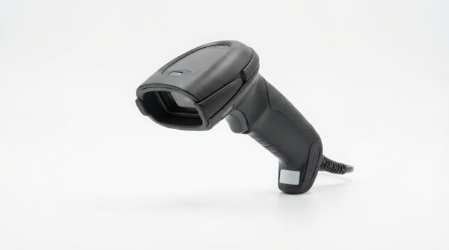 Black handheld barcode scanner on white background. Professional laser code reader for retail and logistics. Electronic point of sale equipment.