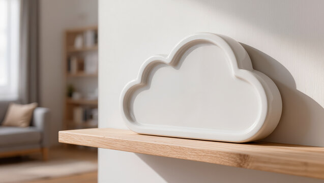 Cloud computing technology, cloud icon on wooden shelf in modern living room