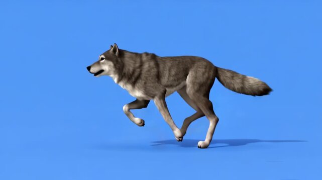 Wolf running across a blue background with subtle motion blur for a cinematic feel