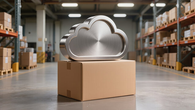 Cloud computing technology silver cloud on cardboard box in warehouse