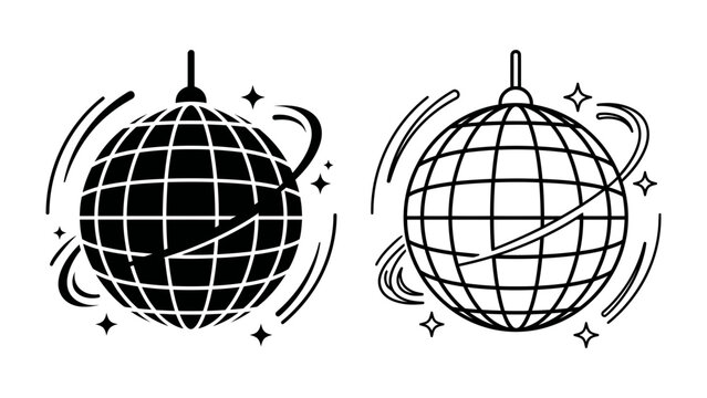 Disco Ball Icon Set: Two stylized disco balls, one black and one white outline, sparkle with dynamic lines and stars, representing a vibrant party atmosphere.