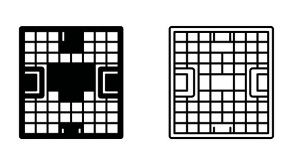 Fototapeta premium Two Grids with Soccer Goal Silhouettes: A black and white representation of a grid with distinct soccer goal formations. One grid is filled in solid black, highlighting the negative space of the goal.