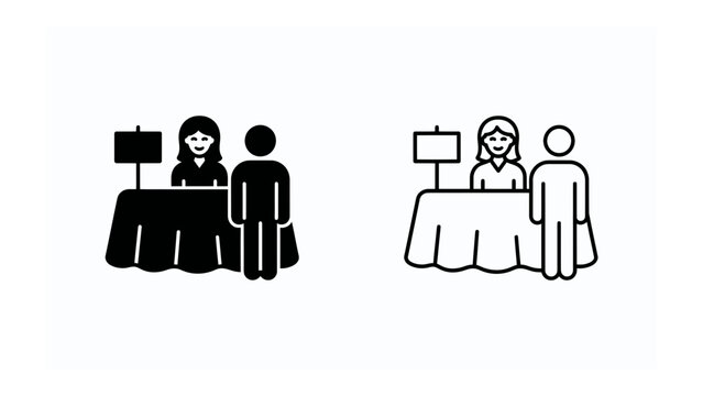 Information Desk Assistance: A graphic representation shows a person receiving assistance at an information desk, with a friendly attendant behind the counter, conveying helpfulness and guidance.