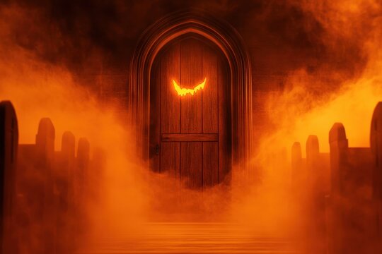 Spooky halloween background with carved jack o lantern pumpkin near old gothic wooden door