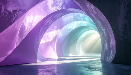 Fototapeta premium Futuristic 3D render of an abstract curved tunnel with purple and blue arches and bright light at the end for modern background