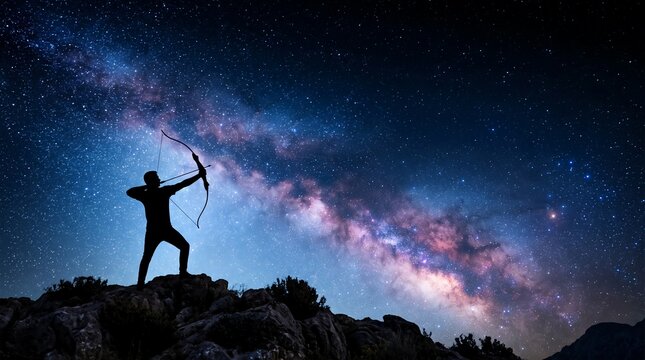 Archer Aiming Bow at Milky Way in Starry Night Sky