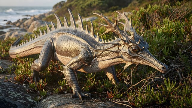 A fantasy creature resembling a lizard with horns walking on a coastal rocky shore.