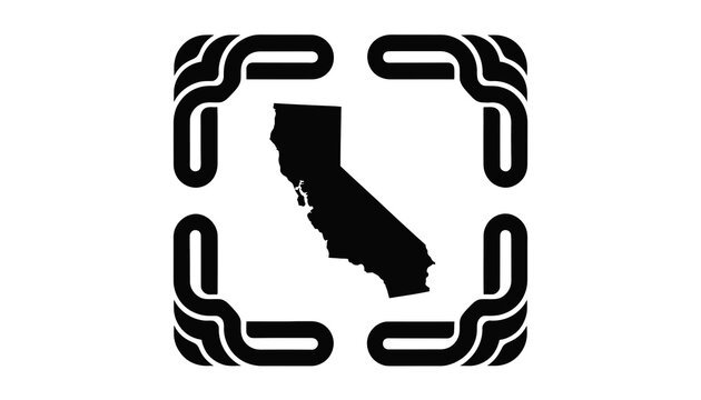 California State Silhouette Framed by Decorative Corner Brackets, Vector Graphic, Black and White
