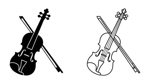 Violin and Bow Duo: A classic violin paired with a bow, presented in both a solid silhouette and an outline drawing, symbolizing musical artistry.