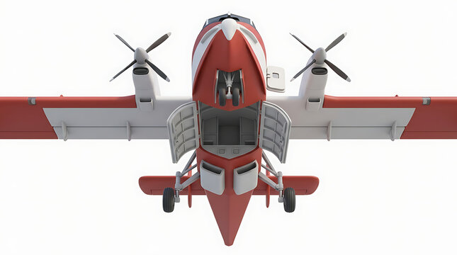 A detailed front view of a red and white amphibious aircraft with propellers and visible landing gear, set against a clean white background.