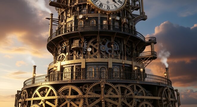 A magnificent steampunk clock tower featuring intricate brass gears and mechanical details against a sunset sky.