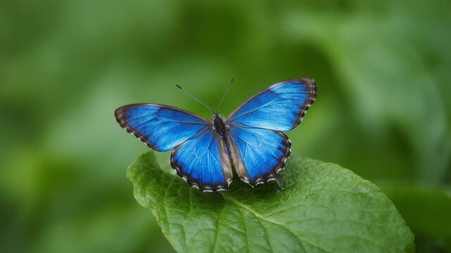 Blue Morpho Butterfly landing on vibrant green leaf during soft natural lighting