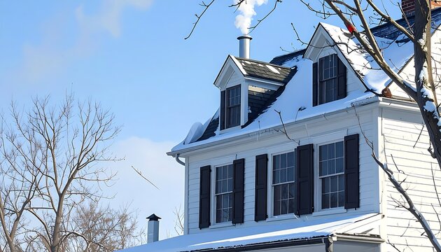 Exterior view of a classic white house with dark shutters, dormer windows, and a smoking chimney against a clear blue winter sky.