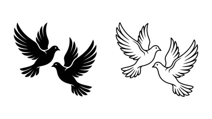 Fototapeta premium Two Doves in Flight: A symbolic representation of peace and love, featuring two white doves gracefully soaring together in flight. Also shown is a black silhouette of two doves in flight.